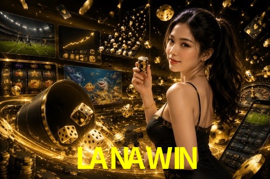 Una escena digital vívida inspirada en casino con LANAWIN mostrado prominentemente, luces brillantes, fichas, cartas y acentos dorados.