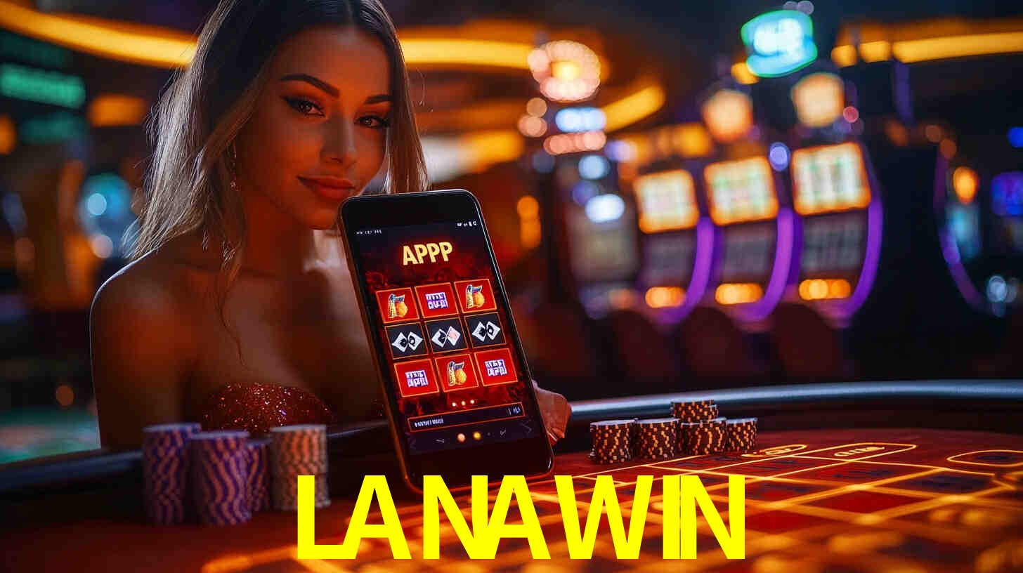 Escena dinámica inspirada en casino con iluminación LANAWIN, cartas, fichas e íconos de juegos digitales en un espacio moderno de juegos.