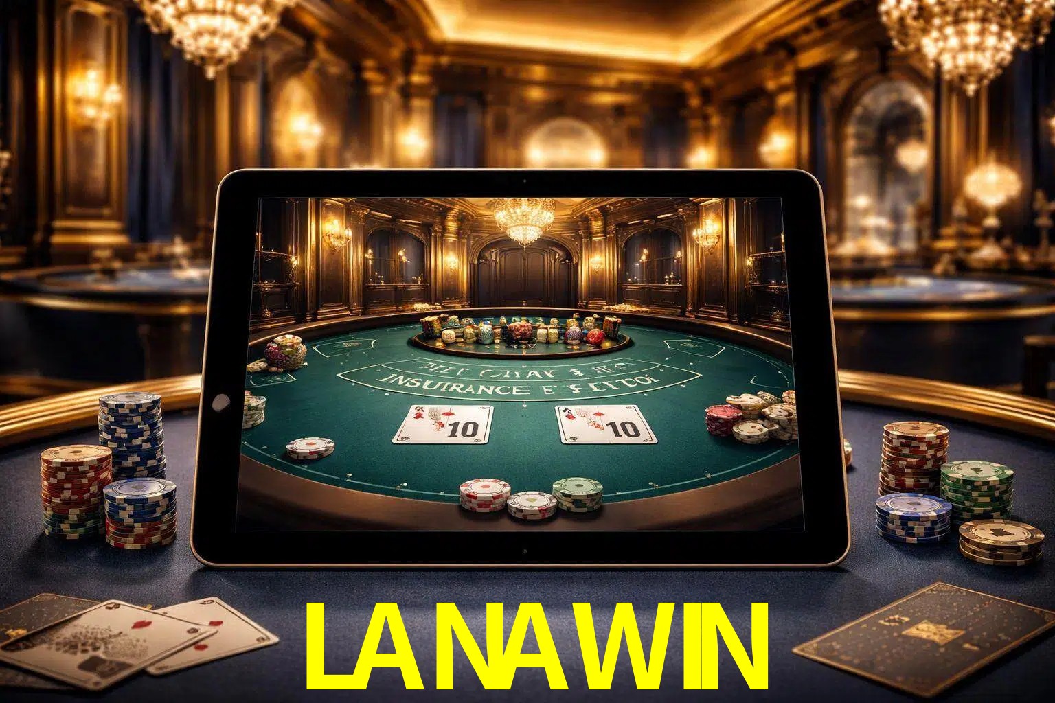 Configuración moderna de casino en vivo con una tableta mostrando una mesa de blackjack, luces cálidas de estudio y una atmósfera elegante de juegos digitales.